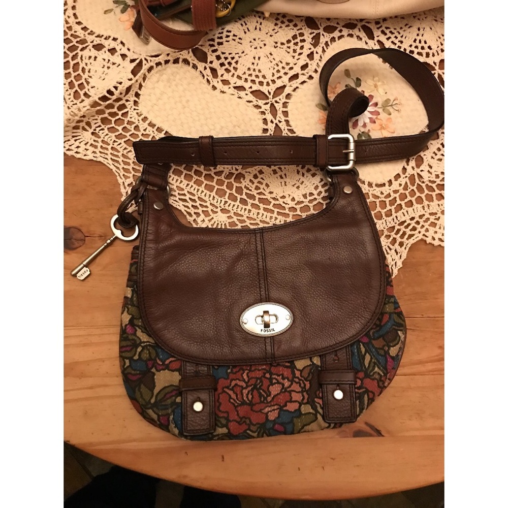 Fossil brown leather multi color flower print bag